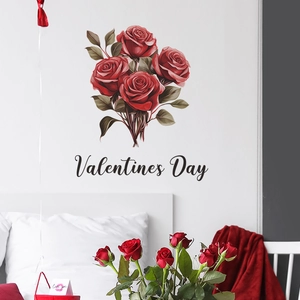 Romantic Valentine's Day wall sticker with red roses and artistic text on white wall