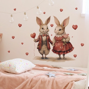 Cartoon rabbit couple wall stickers with red hearts for romantic room wall decoration