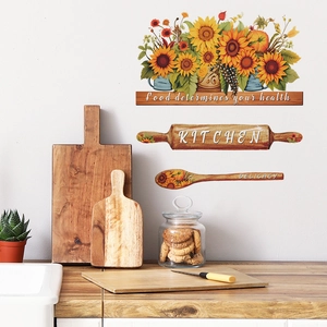 Sunflower Kitchen Wall Stickers PVC Removable Farmhouse Decor Food Quotes Rolling Pin Spoon Pattern Wall Decals For Kitchen Dining Room