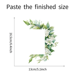 Detailed physical size specifications for green leaf and white flower wall stickers