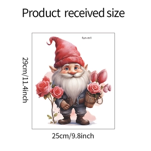 Detail showing dimensions of Valentine gnome sticker with rose, size 25cm by 29cm