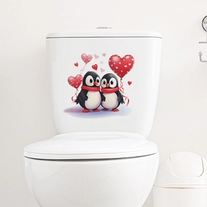 Cartoon penguin toilet stickers with heart balloons for bathroom decor decoration