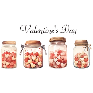 Watercolor illustration of four glass jars filled with pink hearts for Valentine's Day decor