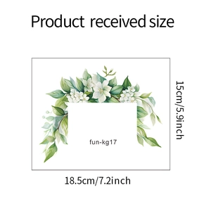 Detailed size chart for green leaf floral wall stickers showing 18.5cm x 15cm dimensions