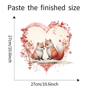 Detailed view of fox and heart pattern wall sticker showing 27cm size dimensions