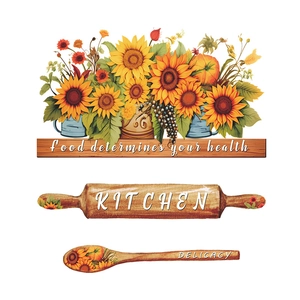 Detail of vintage sunflower kitchen wall stickers with floral rolling pin and spoon designs
