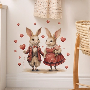 Cartoon Couple Rabbit Heart Balloon Valentine's Day Decorative Wall Sticker Removable PVC Waterproof Home Decor For Bedroom