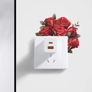 White USB wall plug adapter with decorative red rose floral stickers for home wall decor