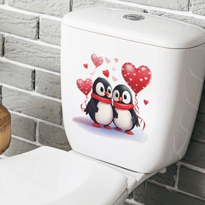 Cute cartoon penguins with red hearts and balloons decorative wall sticker for bathroom toilets