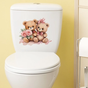 Cartoon teddy bears with pink roses decorative waterproof wall sticker for toilet tank
