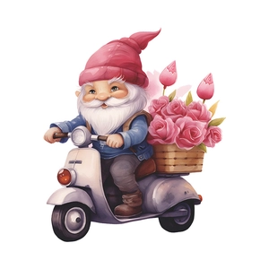 Sticker mural de gnome aquarelle avec roses roses sur scooter pour la salle de bain