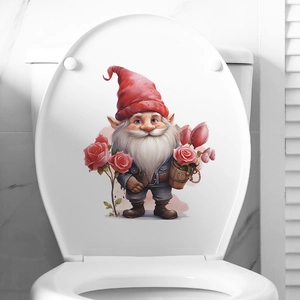 Valentine Day Gnome Rose Flower Toilet Sticker PVC Waterproof Decorative Bathroom Wall Decal For Toilet Lid Decoration