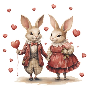 Artistic watercolor detail of cartoon couple rabbits with heart balloons for Valentine decoration