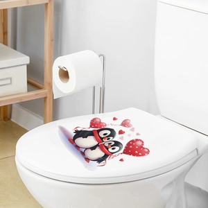 Cute cartoon penguins with red hearts bathroom wall sticker for toilet lid decoration