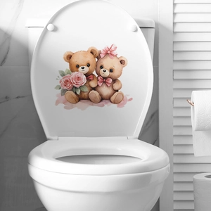 Cute cartoon teddy bears waterproof PVC toilet lid sticker for romantic bathroom decor