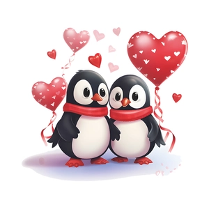 Cartoon penguin couple wall decal with red heart balloons for bathroom decor