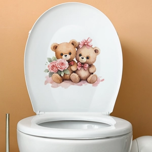 Detailed view of cartoon bears with pink roses on a waterproof bathroom toilet sticker