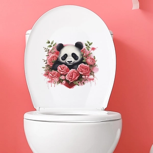 Sticker de Toilette Panda Romantique Rose Fleur Forme de Coeur Imperméable PVC Décalcomanie Murale Saint-Valentin Maison Salle de Bain