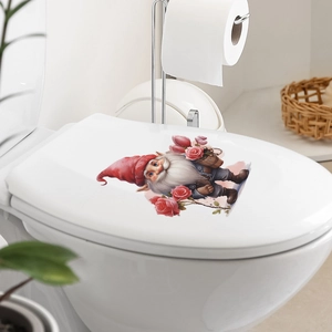Gnome with roses toilet lid decal for romantic bathroom wall decor and floral home styling