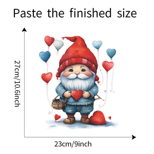 Detail view of gnome wall decal with heart balloons measuring 23cm by 27cm for home decor