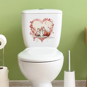 Cartoon fox couple in floral heart frame wall sticker applied on toilet tank lid