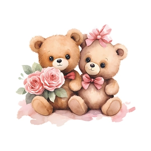 Hand-painted watercolor teddy bear couple wall stickers with pink roses for home decor