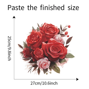 Detail showing romantic rose toilet sticker dimensions of 25cm by 27cm on white background
