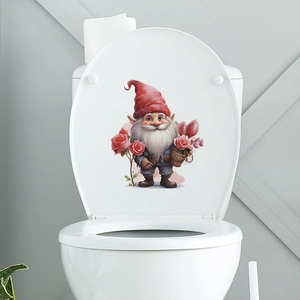 Romantic gnome with pink rose toilet lid decal sticker for Valentine bathroom decor