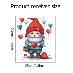 Detailed view of cartoon gnome wall sticker with heart balloons and dimensions labeled