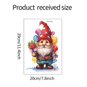 Detailed product size guide for gnome bathroom sticker showing 20cm by 29cm dimensions