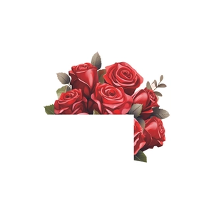 Detail of elegant red rose wall stickers with lush green leaves and blank space