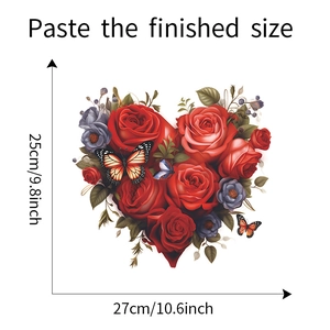 Detail of rose and butterfly heart-shaped wall sticker with size specifications