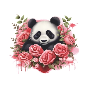 Sticker mural panda romantique avec roses roses et motifs de coeur pour décoration