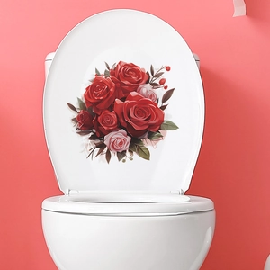 Romantic rose bouquet toilet lid sticker featuring red and pink flowers for bathroom decor