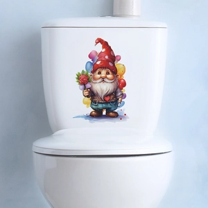 Close-up of a cartoon gnome wall sticker with balloons applied to a white toilet tank