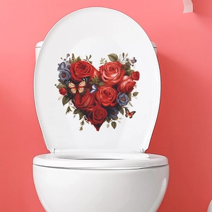 Romantic heart-shaped floral toilet sticker with red roses and colorful butterflies