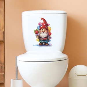 Cartoon gnome with red roses decal sticker on a white ceramic toilet tank surface