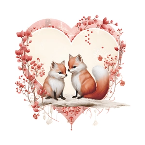 Cute cartoon fox couple wall sticker with heart and flower decor for home bathroom