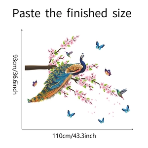 Detailed size chart showing peacock and pink cherry blossom wall decal dimensions