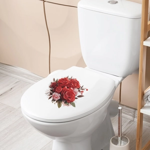 Vibrant red rose bouquet waterproof decal applied on a white ceramic toilet lid