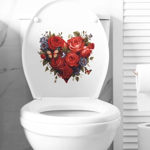 Romantic heart-shaped rose and butterfly floral decal for white bathroom toilet lid decor