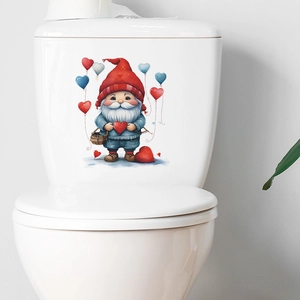 Detailed view of cute cartoon gnome wall sticker with red hearts on white toilet tank