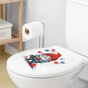 Cartoon Christmas gnome with red heart sticker on white toilet lid for bathroom decor