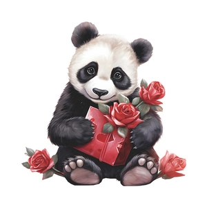 Adesivo murale panda cartone animato con rose rosse e scatola regalo per bagno di casa