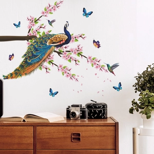 Elegant peacock on cherry blossom branches wall decal with butterflies for home decor