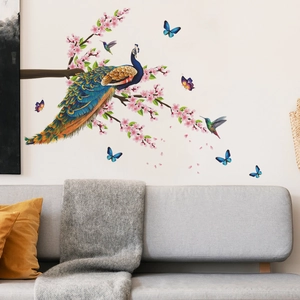 Peacock and flowers self-adhesive wall decal set for living room home decoration
