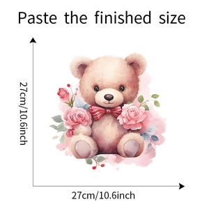 Detail of cute teddy bear wall sticker with pink roses and 27cm size measurement mark