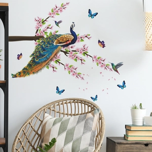 Peacock and pink cherry blossom wall decal with butterflies for home decor