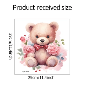 Detailed size specifications for a cute teddy bear and rose floral cartoon wall sticker