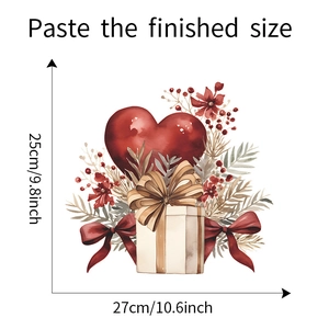 Detailed watercolor heart sticker with gift box and gold ribbons, size 25x27 cm